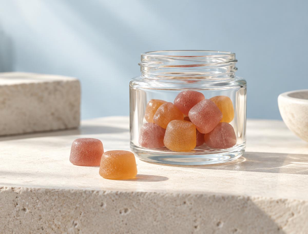 Apresentação de gummies em frasco transparente
