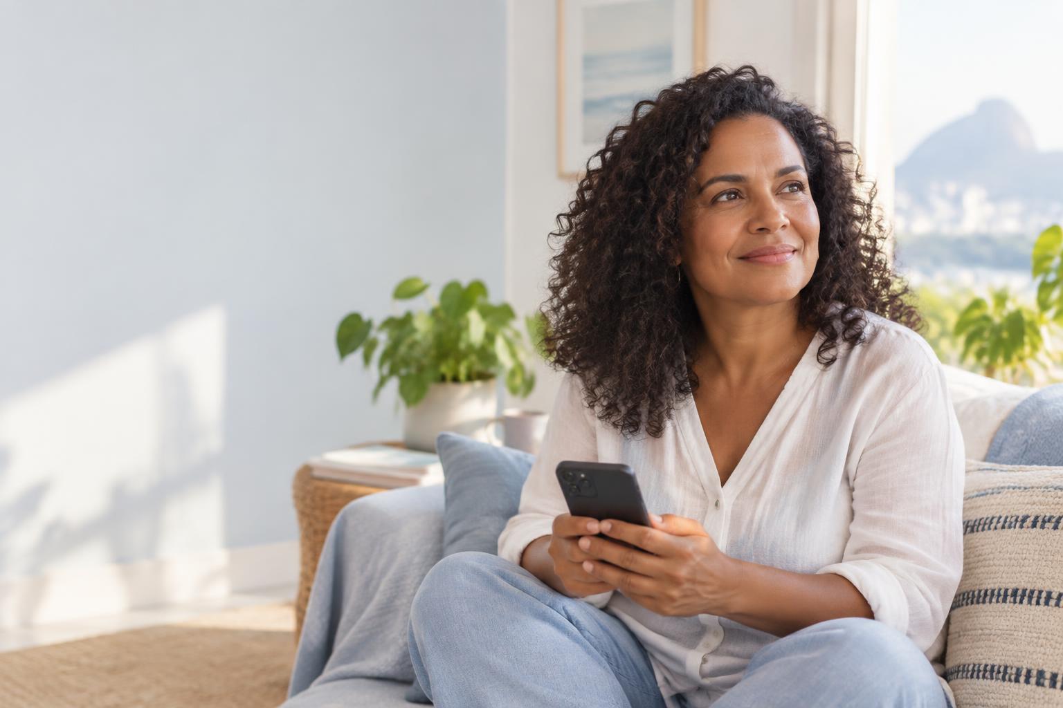 Mulher adulta em casa com celular, em um momento tranquilo